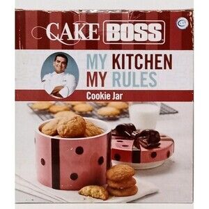 CAKE BOSS Cookie Jar Ceramic  Pink & Chocolate Polka Dot Ribbon & Bow in Box New